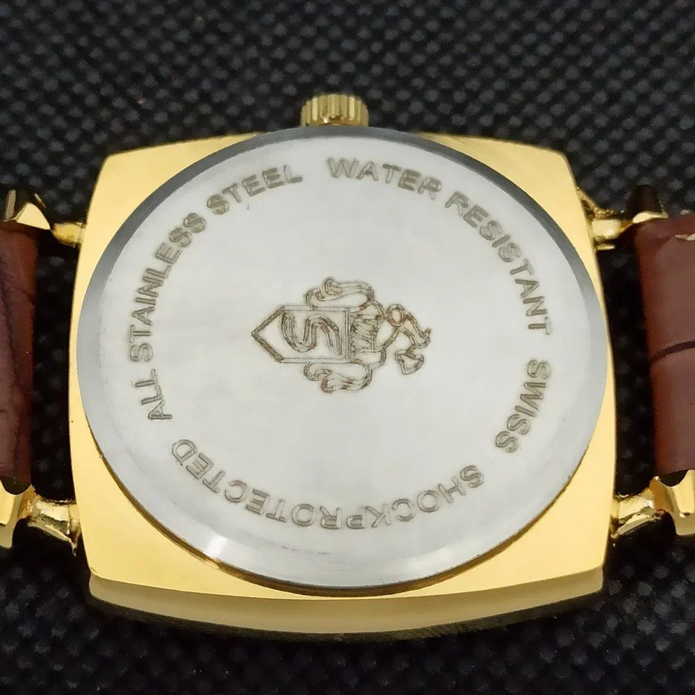 Vintage 1969 Henri Sandoz Mens Gold Watch W/Leather Strap & White Face Brown Acn - Picture 8 of 9